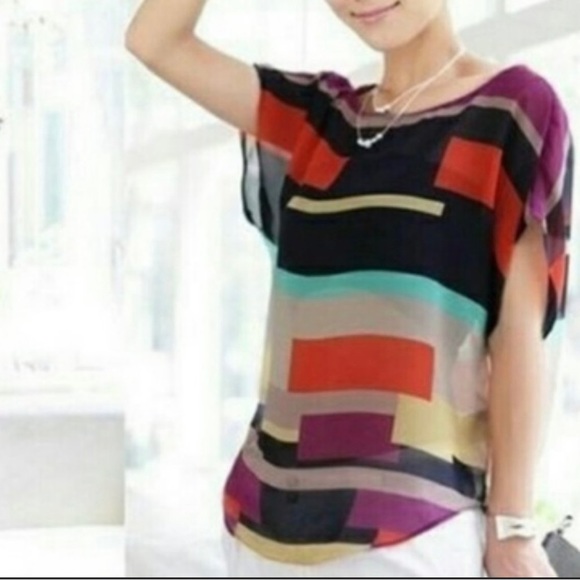 Semi-sheer Multi color Top Horizontal geometric pattern drop sleeve XXL - Picture 4 of 5